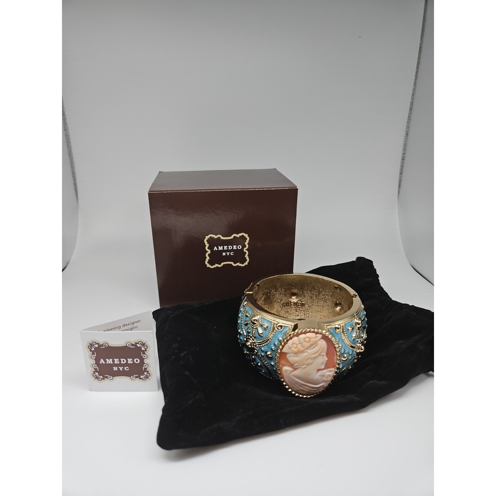 Amedeo NYC 40MM Cameo Goldtone & Blue  Enamel Hinged Art Bracelet  with box